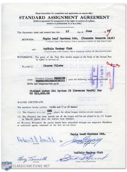 Pierre Pilotes Maple Leaf Gardens NHL Contract File Including 1969 Assignment Agreement