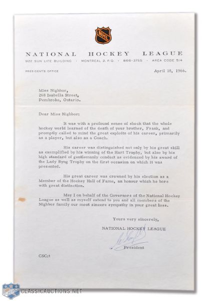 1966 Clarence Campbell Signed Letter with Interesting Frank Nighbor Content