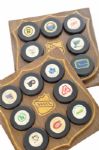 Standard Brands Early-1970s Complete NHL Puck Set of 16 with Displays 