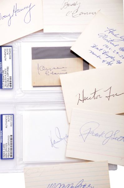 Montreal Canadiens Autographed Index Card Collection of 8 with Harvey and Gardiner Plus Plante and Dryden PSA/DNA Certified 
