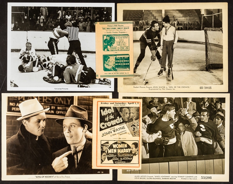 Hockey Movies Promo Photos Including 1936 King of Hockey Dick Purcell (1), 1948 Idol of the Crowds John Wayne (2), 1953 White Lightning Stanley Clements (8) and Others Pieces (4)