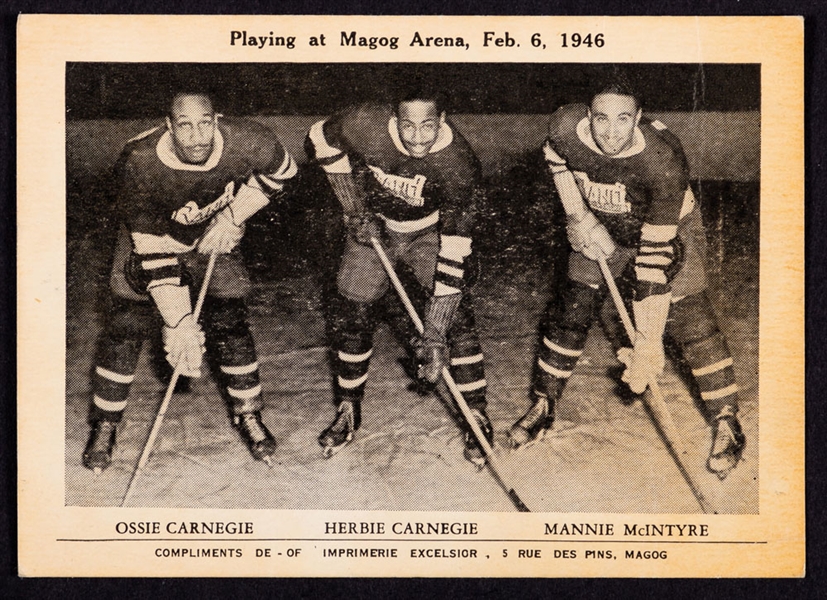Willie O’Ree Los Angeles Blades/Kingston Frontenacs Team Photo Collection of 6 Plus 1946 Herb Carnegie Advertising Card with “Black Aces” Teammates 