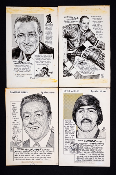 1960s to 1980s King Features Original Hockey Artwork Collection of 9 including HOFers Hall, Pronovost, Abel and Vachon 