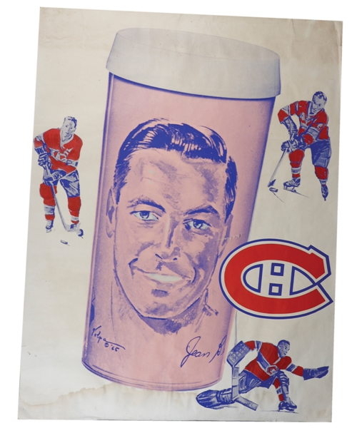 Scarce Montreal Canadiens 1965-66 Steinberg Promotional Glasses Jean Beliveau Store Advertising Poster (40" x 53")