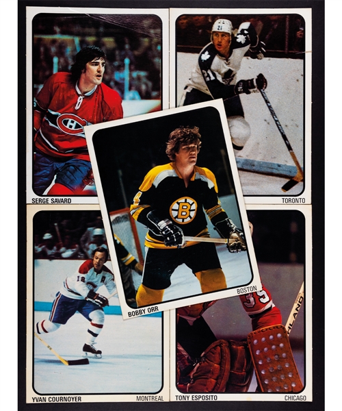 Scarce 1974-75 Lipton Soup Large Player Card Promos of Orr, Cournoyer, Savard and Tony Esposito Plus Uncatalogued Examples for Dave Keon and Borje Salming (10" x 14") 