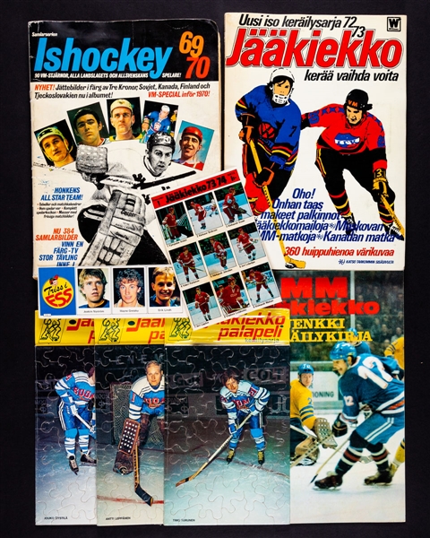 1970s to 1990s European Hockey Sticker Complete and Partial Sets in Albums Collection (18) Plus Unopened 1974 “Jaakiekko Palapeli” Finnish Hockey Puzzles (11)