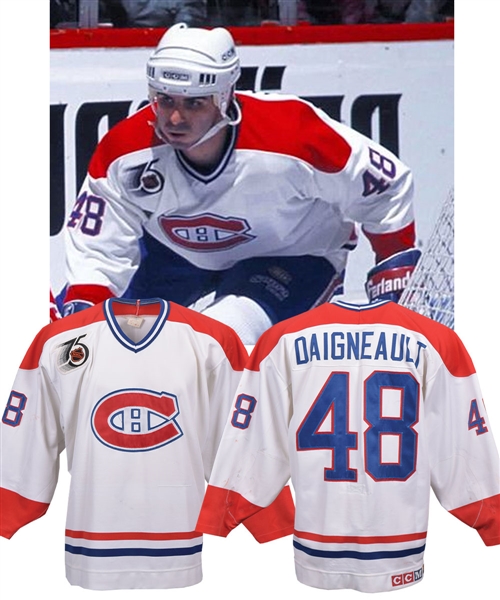 J.J. Daigneault’s 1991-92 Montreal Canadiens Game-Worn Jersey with Team LOA - 75th Patch! - Team Repairs!