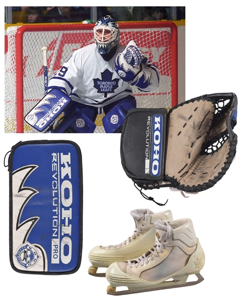 Felix Potvins 1990s Toronto Maple Leafs Game-Used Koho Glove and Blocker Plus CCM Game-Used Skates