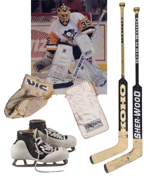 Tom Barrassos 1990s Pittsburgh Penguins Game-Used Equipment Collection with Skates, Glove & Blocker and Game-Used Sticks (2)