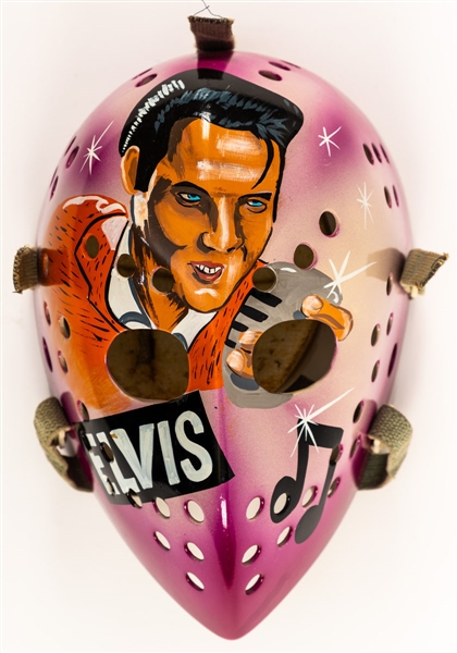Vintage 1970s Fibrosport Fiberglass Goalie Mask (Jacques Plantes Company) with Elvis Presley Painting