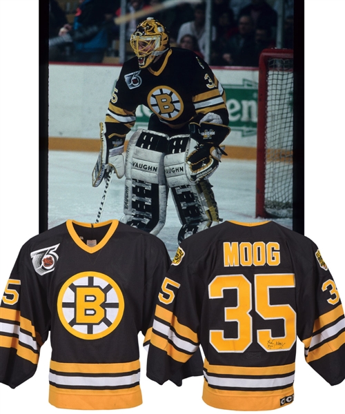 Andy Moogs 1991-92 Boston Bruins Signed Game-Worn Jersey - 75th Patch! - Photo-Matched!