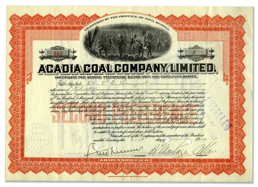 Deceased HOFer Sir Montagu Allan Signed 1914 Stock Certificate