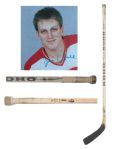 Brett Hulls Mid-to-Late-1980s Calgary Flames Koho Game-Used Rookie Era Stick Signed by Brett and Bobby Hull