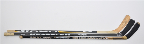 Chicago Blackhawks Chelios, Amonte and Probert Signed Game-Used Sticks