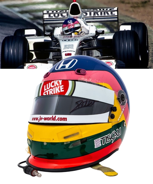 Jacques Villeneuves 2001 Lucky Strike BAR Honda F1 Team Bell Race-Worn Helmet with His Signed LOA