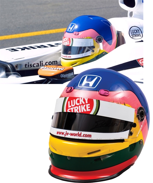 Jacques Villeneuve’s 2002 Lucky Strike BAR Honda F1 Team Bell Race-Worn Helmet with His Signed LOA – Brazilian Grand Prix! – Photo-Matched!