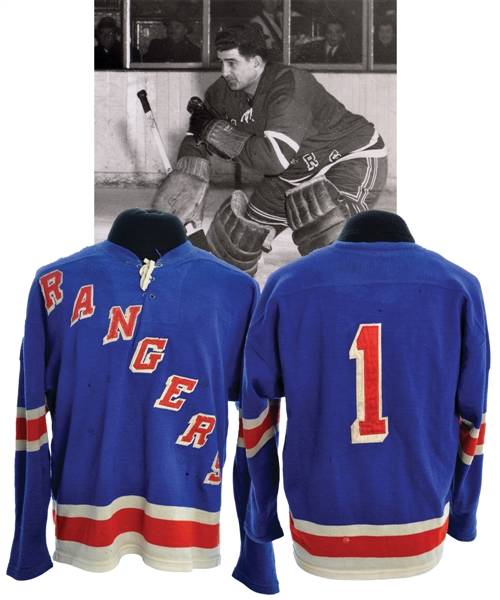 Chuck Rayners 1951-52 New York Rangers Game-Worn Wool Jersey <br>Obtained from Family - Photo-Matched!