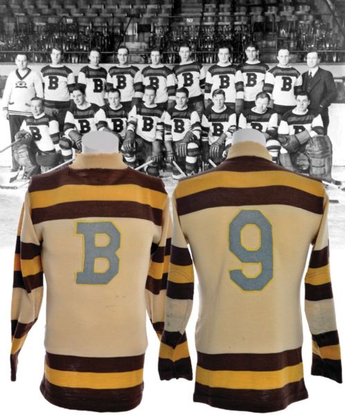 Harry Olivers 1933 Boston Bruins Game-Worn Wool Jersey with LOA - Team Repairs!