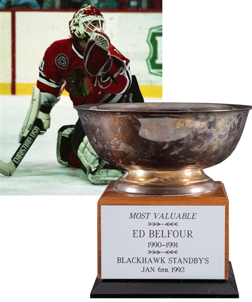 Ed Belfours 1990-91 Chicago Black Hawks Most Valuable Player Trophy Presented by the "Blackhawks Standbys" with His Signed LOA (8")