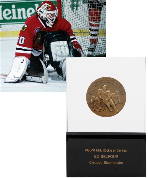 Ed Belfours 1990-91 Chicago Black Hawks "The Sporting News" NHL Rookie of the Year Award with His Signed LOA (12")