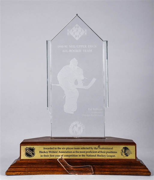 Ed Belfours 1990-91 Chicago Black Hawks NHL/Upper Deck All-Rookie Team Trophy with His Signed LOA (14")