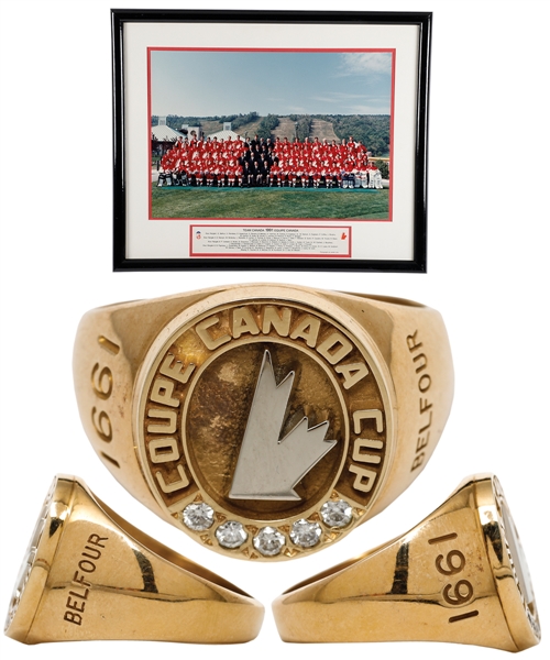 Ed Belfours 1991 Canada Cup Team Canada 10K Gold and Diamond Ring Plus Official Framed Team Photo and Album with His Signed LOA