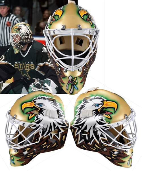 Ed Belfours 2001-02 Dallas Stars Game-Worn Warwick Goalie Mask with His Signed LOA - His Last Dallas Mask! - Photo-Matched!