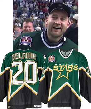 Ed Belfours 1998-99 Dallas Stars Game-Worn Stanley Cup Finals Jersey From His Personal Collection with His Signed LOA - 1999 Stanley Cup Finals Patch! - Video-Matched To Cup Clinching Game 6!