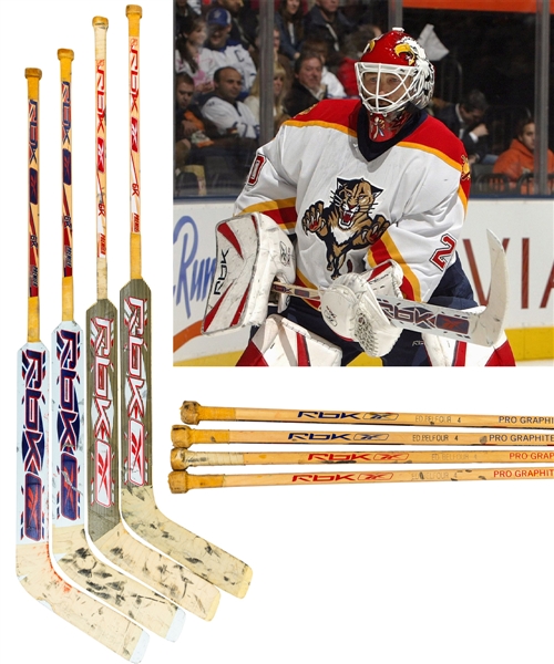 Ed Belfours 2006-07 Florida Panthers Reebok Game-Used Stick Collection of 4 from His Personal Collection with His Signed LOA