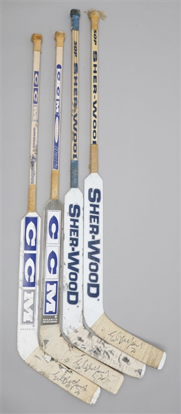 Ed Belfours 2002-06 Toronto Maple Leafs Game-Used Stick Collection of 4 with His Signed LOA