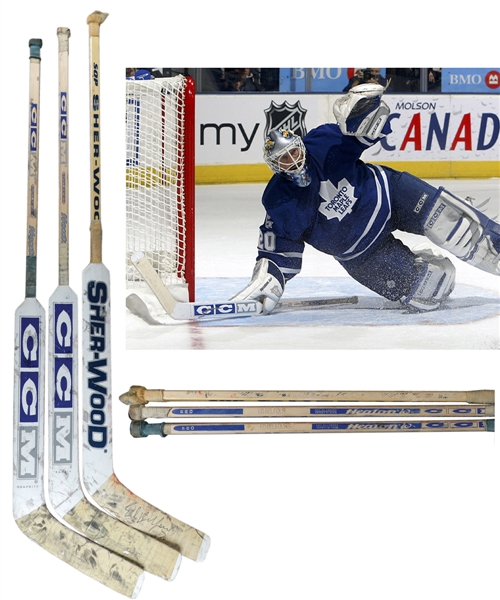 Ed Belfours 2002-06 Toronto Maple Leafs Game-Used Stick Collection of 3 with His Signed LOA