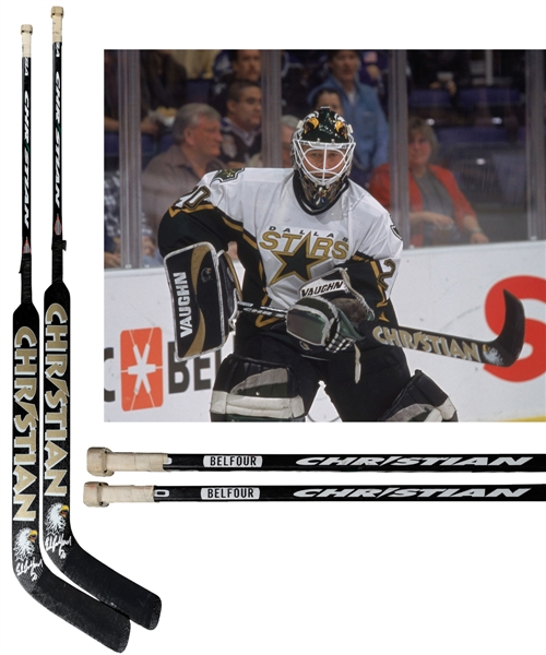 Ed Belfours November 1st 2000 and January 19th 2001 Dallas Stars Signed Christian Game-Used Sticks with His Signed LOA - Shutout and OT Win!