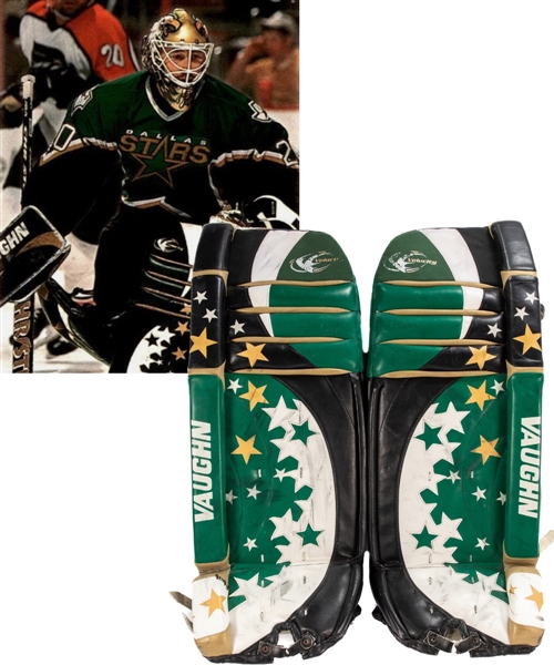 Ed Belfours 2001-02 Dallas Stars Game-Worn Vaughn Velocity Goalie Pads from His Personal Collection with His Signed LOA - Photo-Matched!