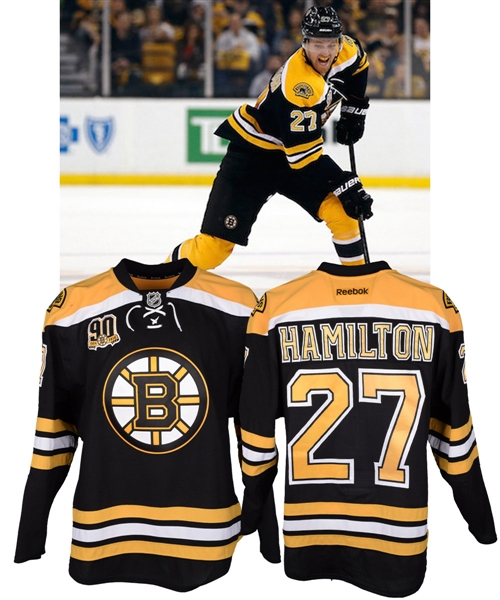 Dougie Hamiltons 2013-14 Boston Bruins Game-Worn Playoffs Jersey with Team LOA - 90th Patch!