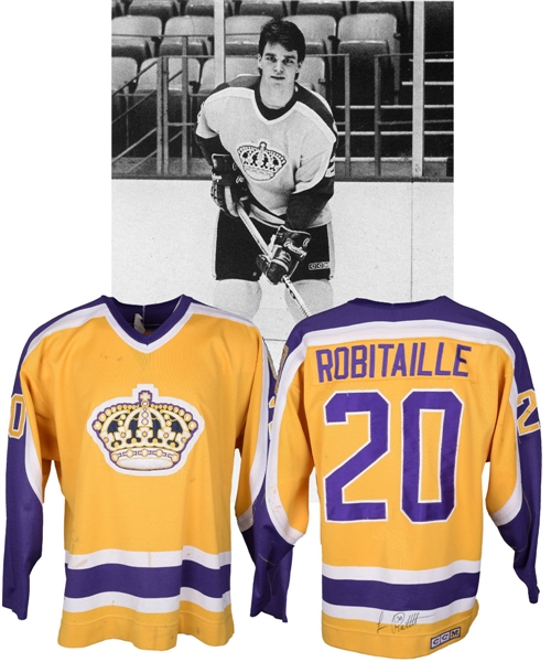 Luc Robitailles 1986-87 Los Angeles Kings Signed Game-Worn Rookie Season Jersey with LOA - 20th Patch! - Team Repairs! - Photo-Matched!