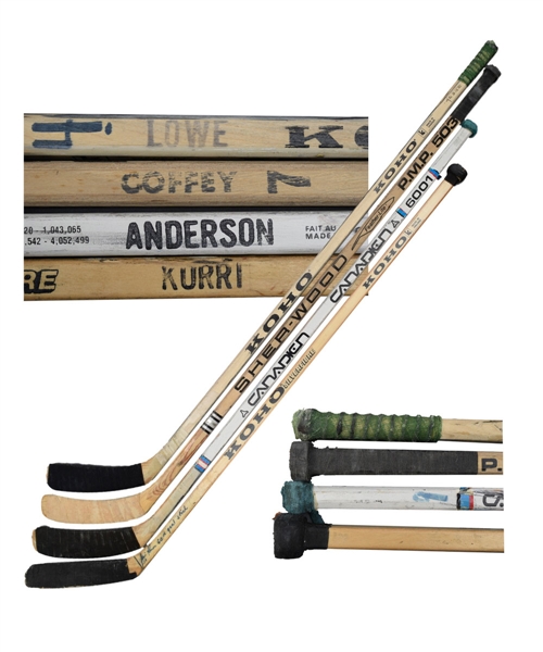 Kurri, Coffey, Lowe and Anderson Edmonton Oilers Game-Used Stick Collection of 4