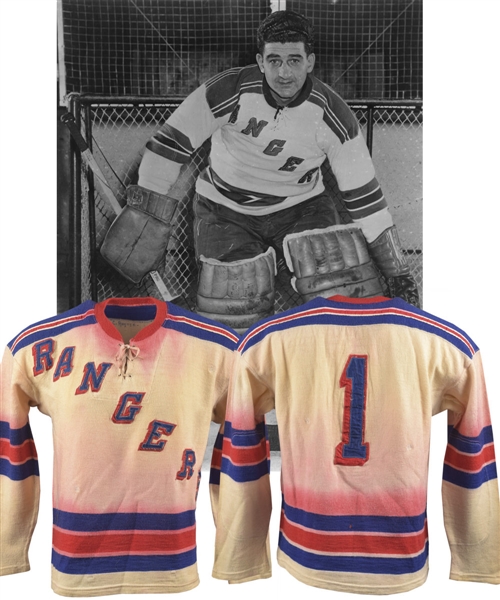Chuck Rayners 1951-52 New York Rangers Game-Worn Wool Jersey with Family LOA - Team Repairs! - Photo-Matched!