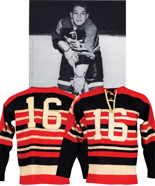 Bobby Hulls 1953-54 OHA Hespeler Hawks Game-Worn Wool Jersey from His Personal Collection with LOA - Team Repairs!