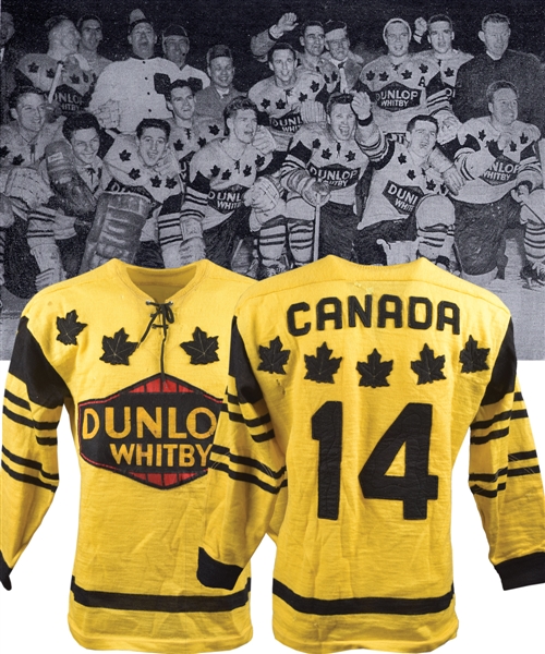 George Samolenkos 1958 World Championships Whitby Dunlops Team Canada Game-Worn Wool Jersey with LOA - Team Repairs! - World Champions!