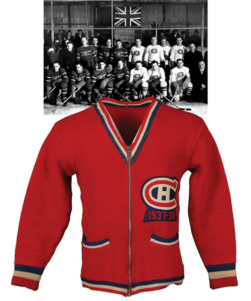 Superb 1937-38 Montreal Canadiens Wool Cardigan with Felt Team Patch Attributed to Coach Cecil Hart