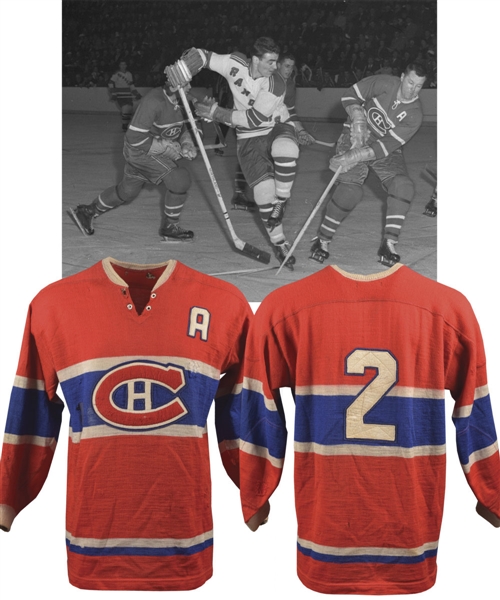 Doug Harveys 1957-58 Montreal Canadiens Game-Worn Alternate Captains Wool Jersey with LOA - Team Repairs! - James Norris Trophy Season! - Photo-Matched!