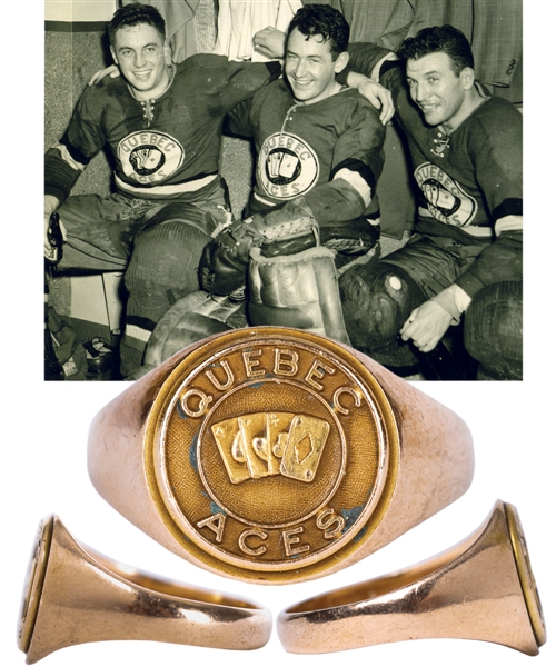 Jean Beliveaus 1951-52 QSHL Quebec Aces Alexander Cup Championship 10K Gold Ring from His Personal Collection with Family LOA
