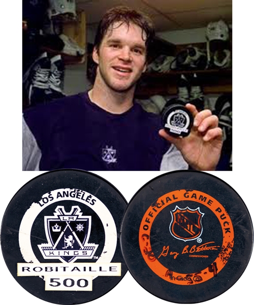 Luc Robitailles 1998-99 Los Angeles Kings 500th NHL Goal Milestone Puck from His Personal Collection with His Signed LOA 