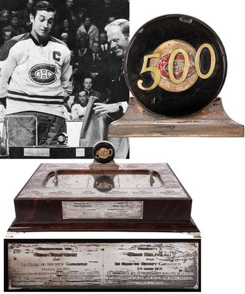 Jean Beliveaus 1970-71 Montreal Canadiens Career Presentational Trophy Featuring His 500th Goal Milestone Puck from His Personal Collection with Family LOA