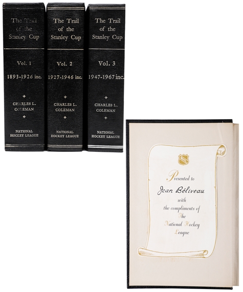 Jean Beliveaus "The Trail to the Stanley Cup" Leather-Bound Three-Volume Book Set from His Personal Collection with Family LOA