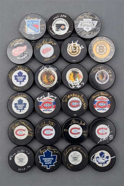 Hockey HOFers Signed Puck Collection of 20 Plus 3 Others