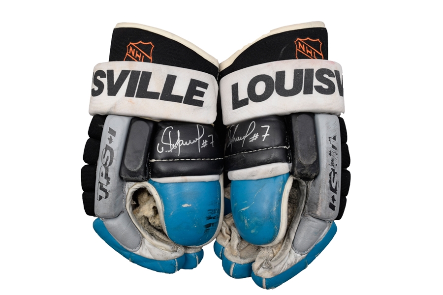 Igor Larionovs Early-1990s San Jose Sharks Signed Louisville TPS Game-Used Gloves