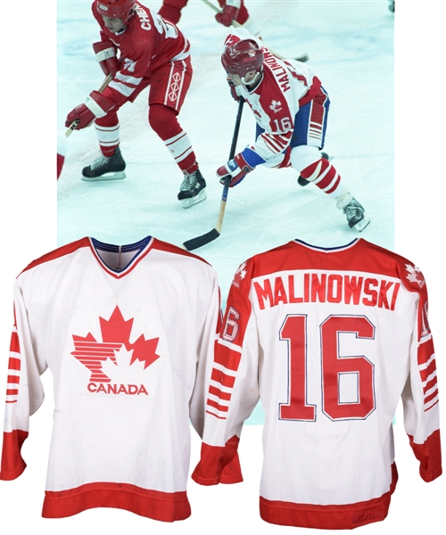 Merlin Malinowskis 1988 Calgary Olympics Team Canada Game-Worn Jersey - Photo-Matched!