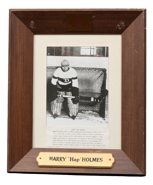 Detroit Red Wings/Cougars 1930s/1940s Greats International Hockey Hall of Fame Display Plaque Collection of 7 with Adams, Goodfellow and Holmes