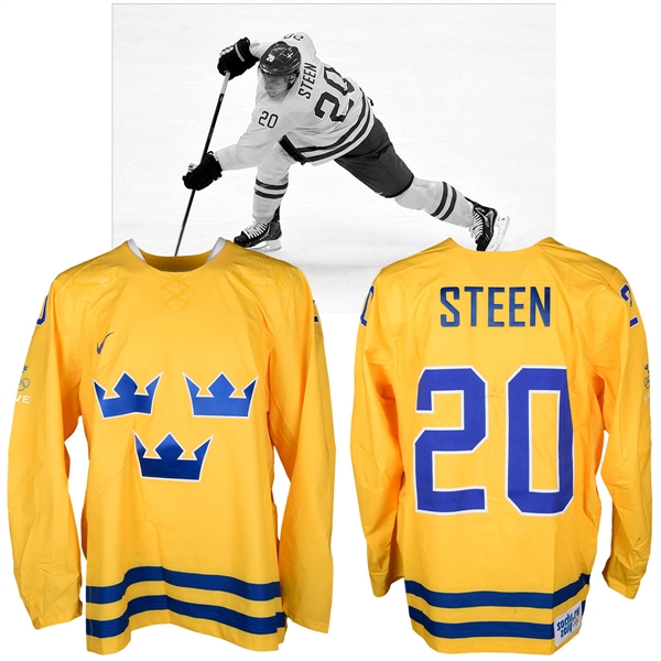Alexander Steens 2014 Sochi Winter Olympics Team Sweden Game-Worn Jersey with NHLPA LOA - Photo-Matched!